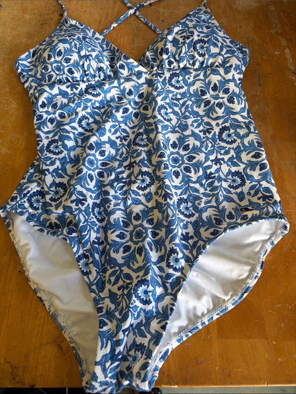 Women’s Blue Floral One-Piece Swimsuit with Crossback Straps, Padded Cups, M - Picture 3 of 11